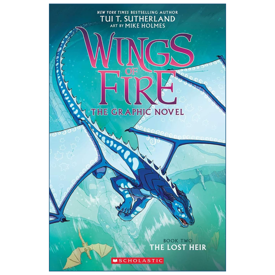 Front cover of the graphic novel 'Wings of Fire: The Lost Heir' by Tui Sutherland, featuring a blue dragon flying over a teal landscape. The Scholastic logo is visible at the bottom.