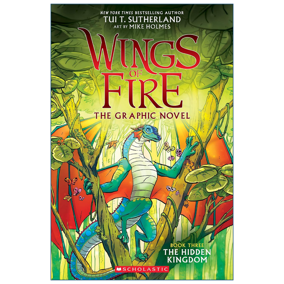 Front cover of the graphic novel 'Wings of Fire: The Graphic Novel' by Tui Sutherland, featuring a colorful illustration of a blue dragon among green foliage and orange wings, with Scholastic branding at the bottom.