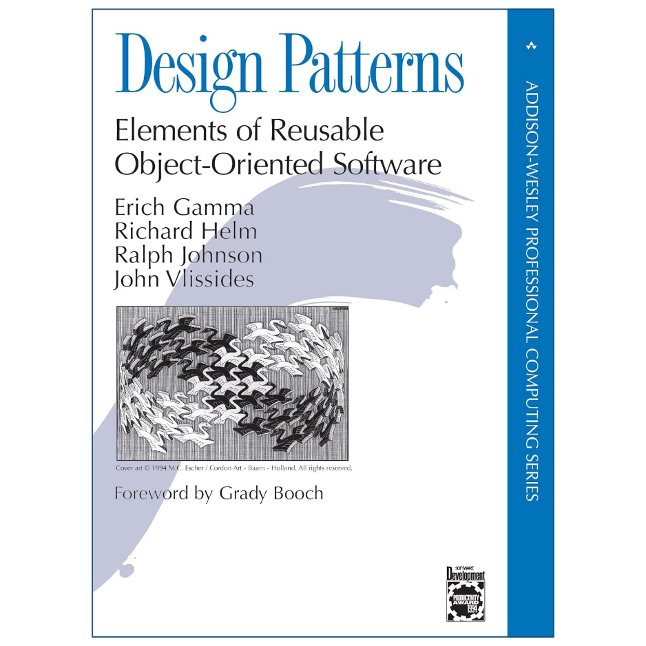 Front cover of the book 'Design Patterns: Elements of Reusable Object-Oriented Software' by Erich Gamma, Richard Helm, Ralph Johnson, and John Vlissides, with a blue title, black subtitle text, a gray brushstroke graphic, a black-and-white pattern illustration, and a blue vertical spine band reading Addison-Wesley Professional Computing Series.