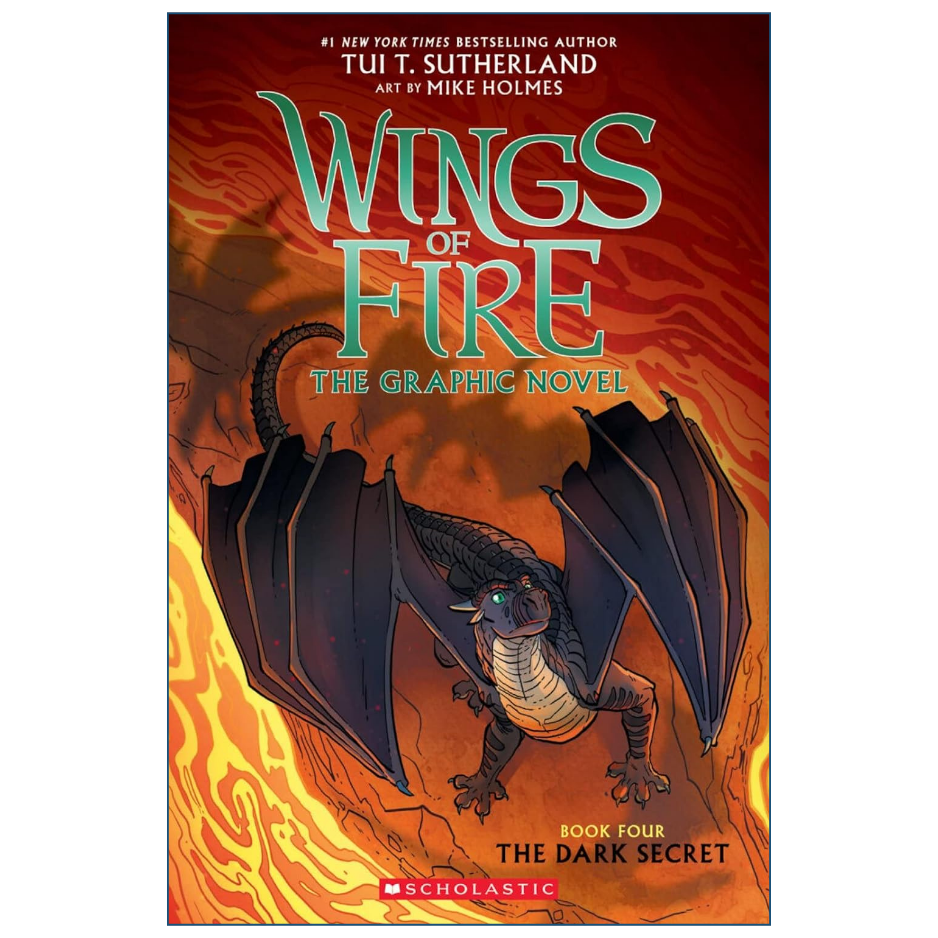 Front cover of the graphic novel 'Wings of Fire: The Graphic Novel' by Tui Sutherland, featuring a dark dragon with spread wings against a fiery orange and red background. The Scholastic logo is visible at the bottom.
