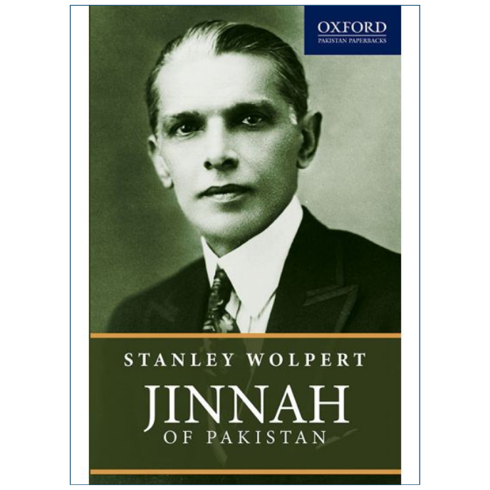 Book cover for 'Jinnah of Pakistan' by Stanley Wolpert, featuring a black-and-white portrait of a man in a suit, with the title in large white text on a dark green band and an Oxford Paperbacks logo in the top right.