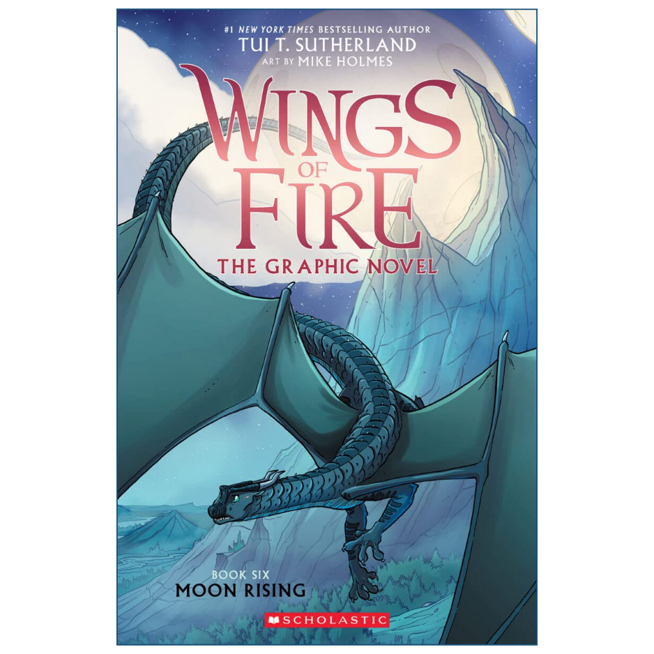 Front cover of the graphic novel 'Wings of Fire: The Graphic Novel, Book Six: Moon Rising' by Tui Sutherland, featuring a blue dragon flying over icy mountains. The Scholastic logo is visible at the bottom.