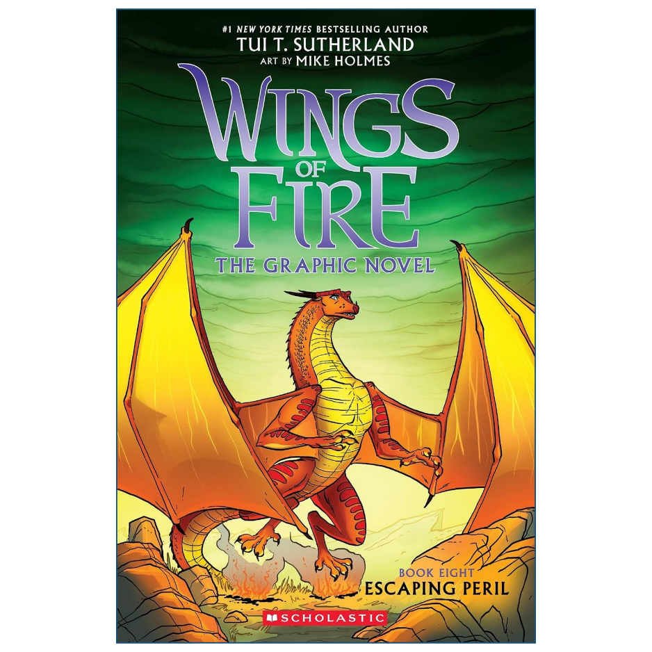 Front cover of the graphic novel 'Wings of Fire: The Graphic Novel' by Tui T. Sutherland, featuring a red and yellow dragon with large orange wings against a green sky, with the Scholastic logo at the bottom.