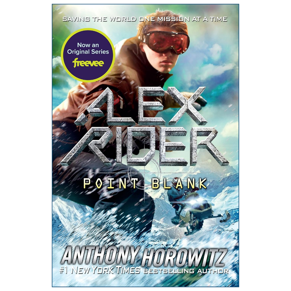 Book cover for 'Point Blank' by Anthony Horowitz, featuring a snowy mountain scene with a snowboarder in the foreground and a helicopter in the background. The title 'ALEX RIDER' is displayed in large metallic letters, with the author's name at the bottom.