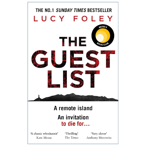 Book cover for 'The Guest List' by Lucy Foley, featuring a white background with red and black typography, a black mountain silhouette, and a circular 'Bessey Book Club' emblem.