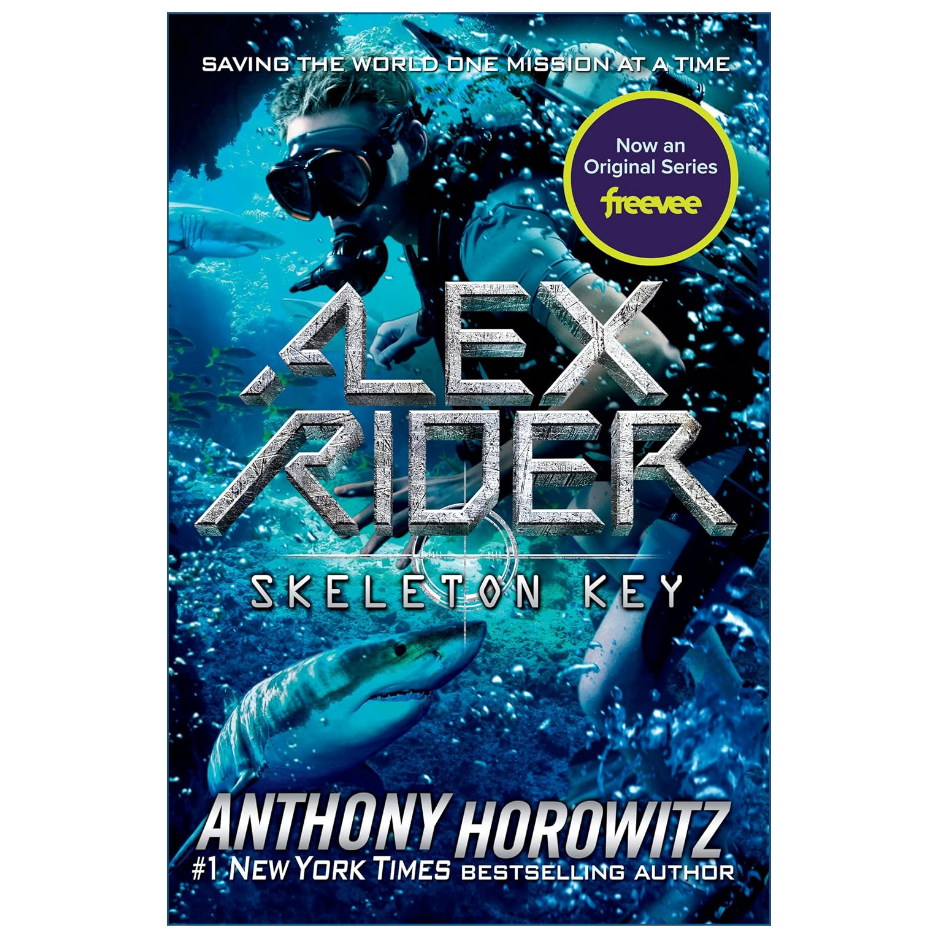 Book cover for 'Alex Rider: Skeleton Key' by Anthony Horowitz, featuring an underwater scene with a diver, shark, and treasure chest, plus a purple 'Now an Original Series freevee' badge.