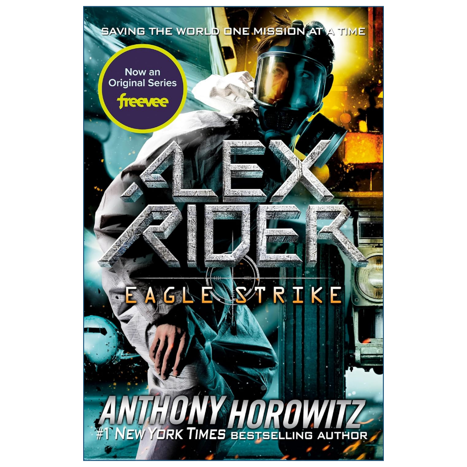 Book cover for 'Eagle Strike' by Anthony Horowitz, featuring a futuristic sci-fi scene with a helmeted figure in a white suit and the title 'ALEX RIDER' in large metallic letters.