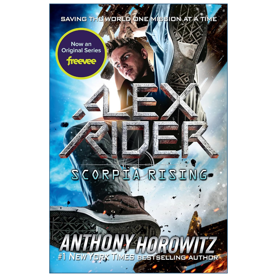 Book cover for 'Scorpiia Rising' by Anthony Horowitz, featuring a dramatic illustration of a young man in a blue shirt and patterned vest with a sword, set against a bright blue sky with debris. A yellow circular badge on the top left reads 'Now an Original Series freevee'.