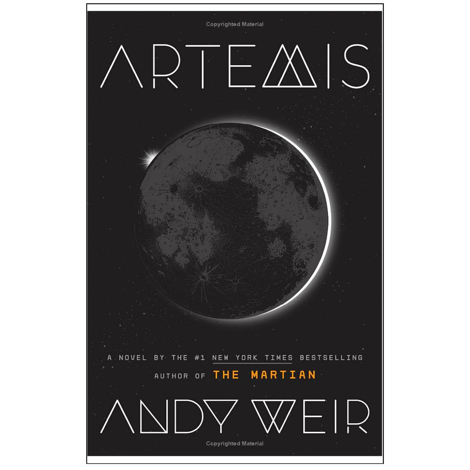Book cover for 'Artemis' by Andy Weir, featuring a black space background with a detailed gray moon and white stylized text.