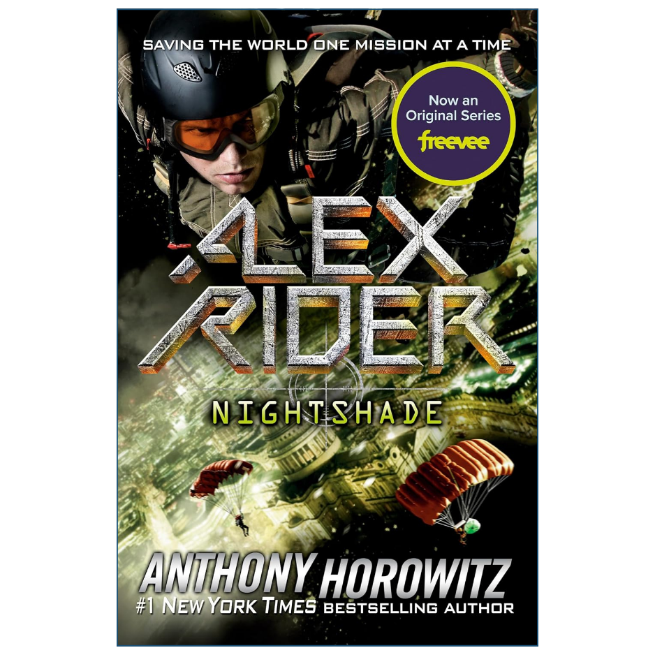 Book cover for 'Nightshade' by Anthony Horowitz, featuring a military paratrooper in the foreground with parachutes and a cityscape below. The title 'ALEX RIDER' is large in metallic letters, with a yellow 'Now an Original Series freevee' badge on the right.