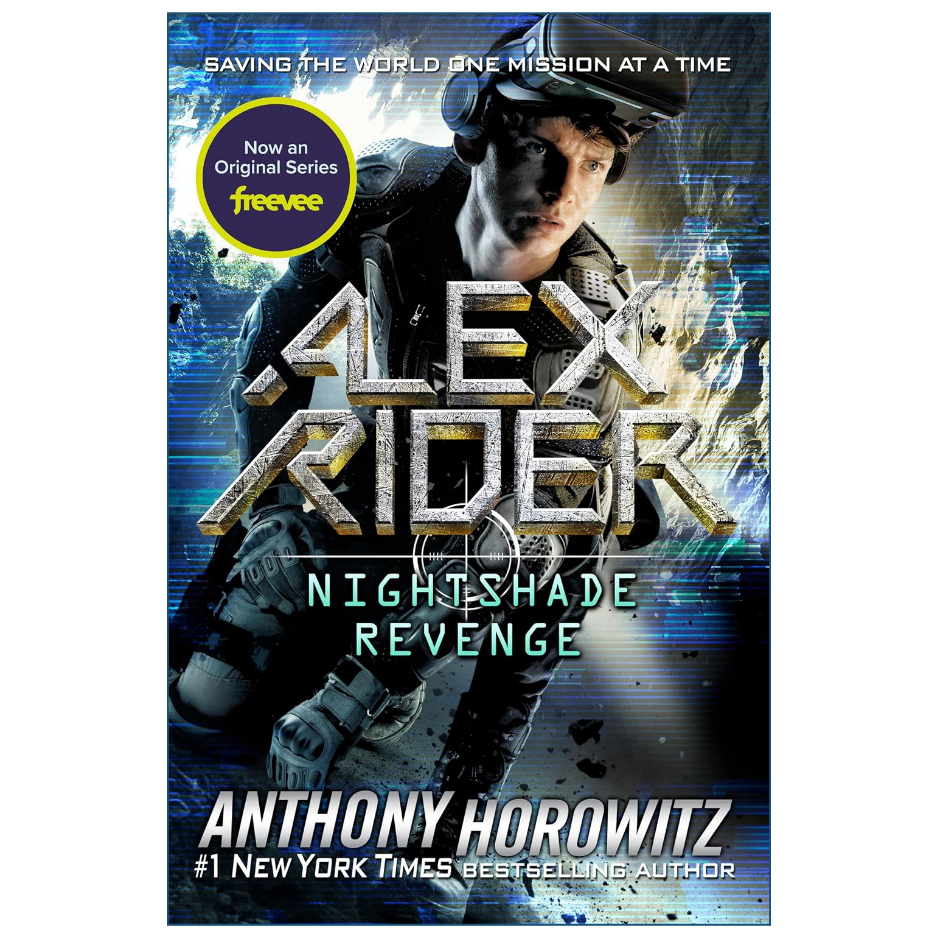 Book cover for 'Nightshade Revenge' by Anthony Horowitz, featuring a futuristic soldier in dark armor against a blue and black sci-fi background with the title 'ALEX RIDER' in large metallic letters.