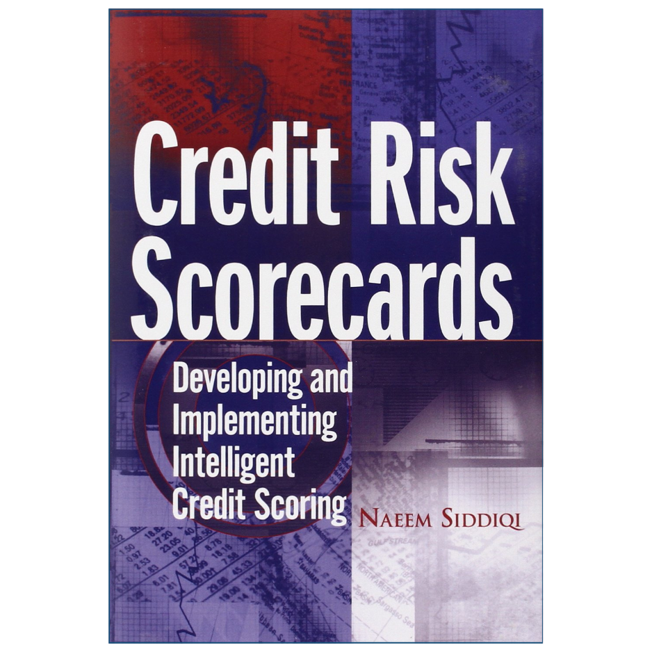 Book cover for 'Credit Risk Scorecards' by Na'eem Siddiq, featuring a split red and blue background with white title text and a circular badge reading 'Developing and Implementing Intelligent Credit Scoring'.