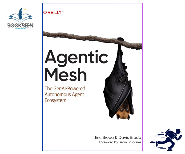 Book cover of 'Agentic Mesh' with a bat hanging from a branch, O'Reilly logo, and BookBeen branding.