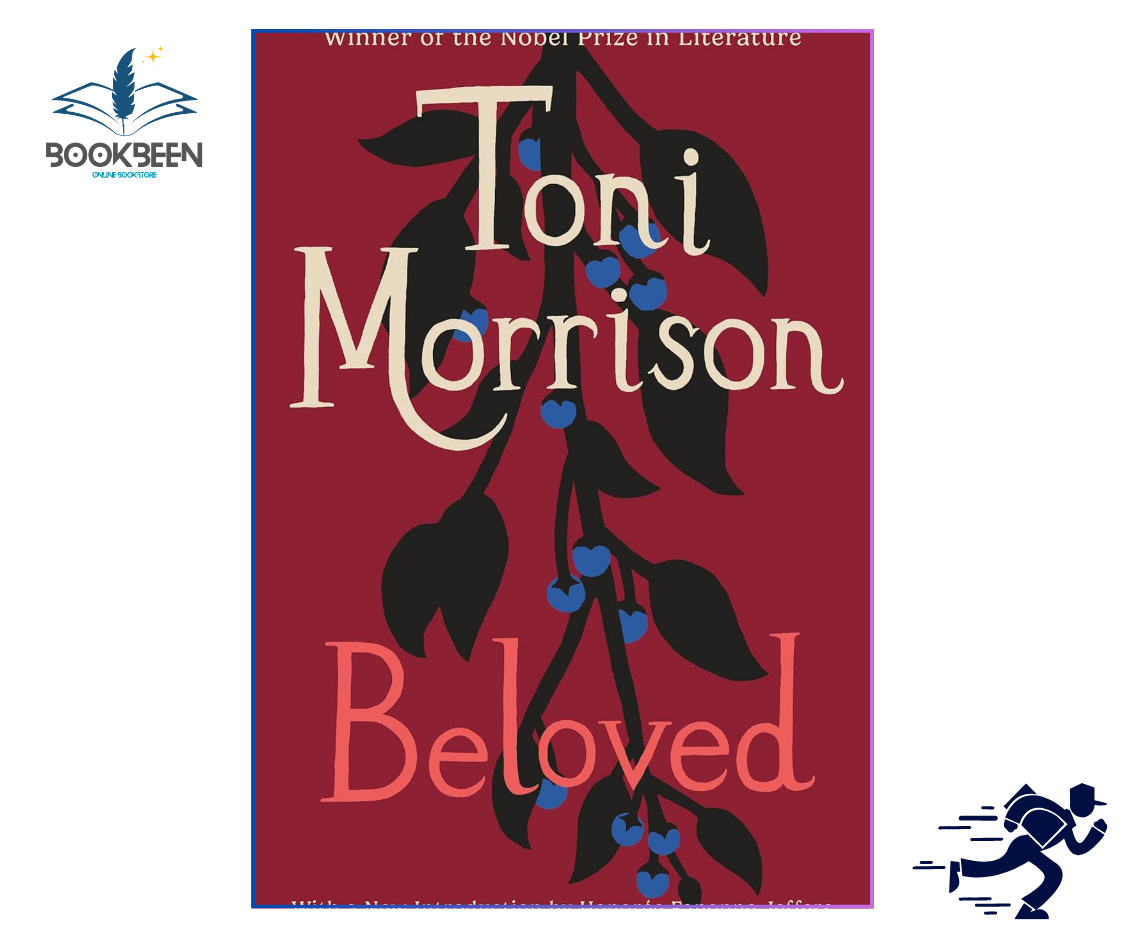 Book cover of 'Beloved' by Toni Morrison with a red background and black and blue design elements.