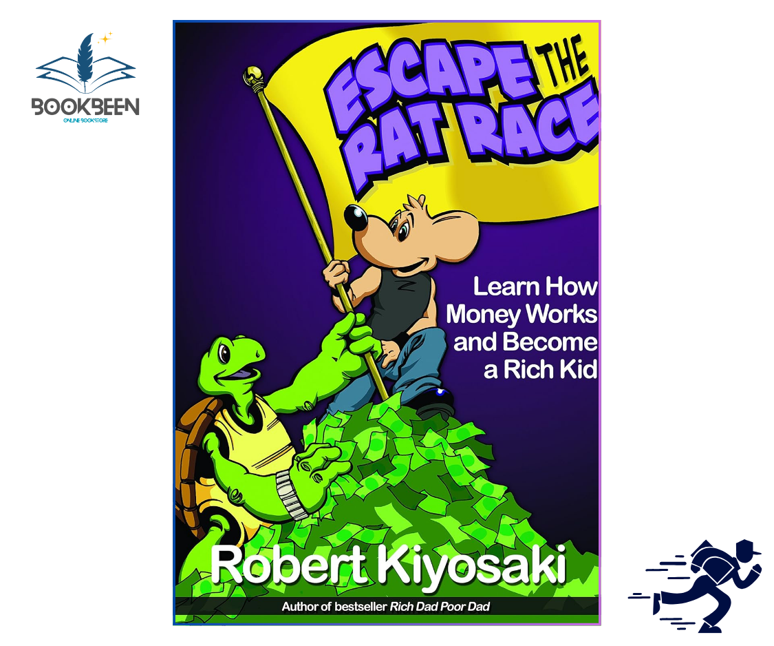 Book cover of 'Escape the Rat Race' by Robert Kiyosaki with cartoon characters and money symbols.
