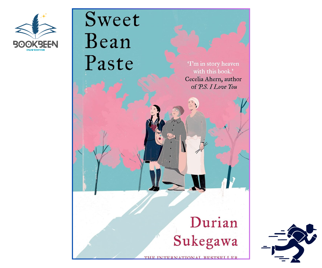 Book cover of 'Sweet Bean Paste' by Durian Sukegawa with illustration of three people and pink trees.