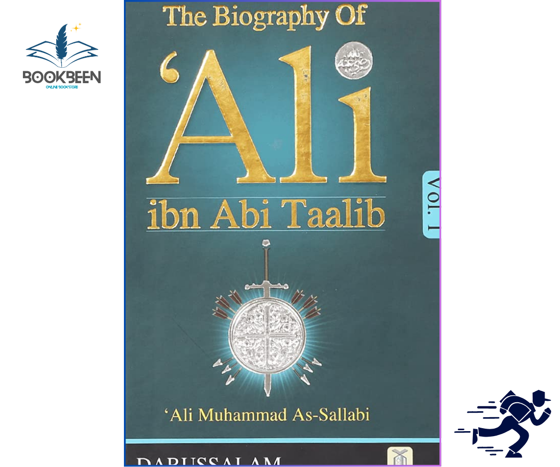 Book cover of 'The Biography of A'li ibn Abi Talib' with gold and white design elements.
