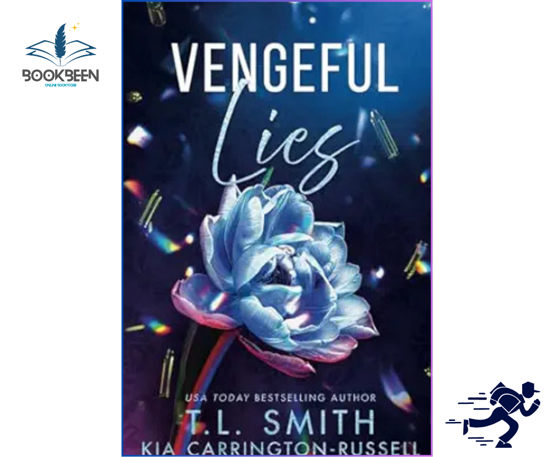 Book cover of 'Vengeful Lies' with a blue flower and author names on a dark background.