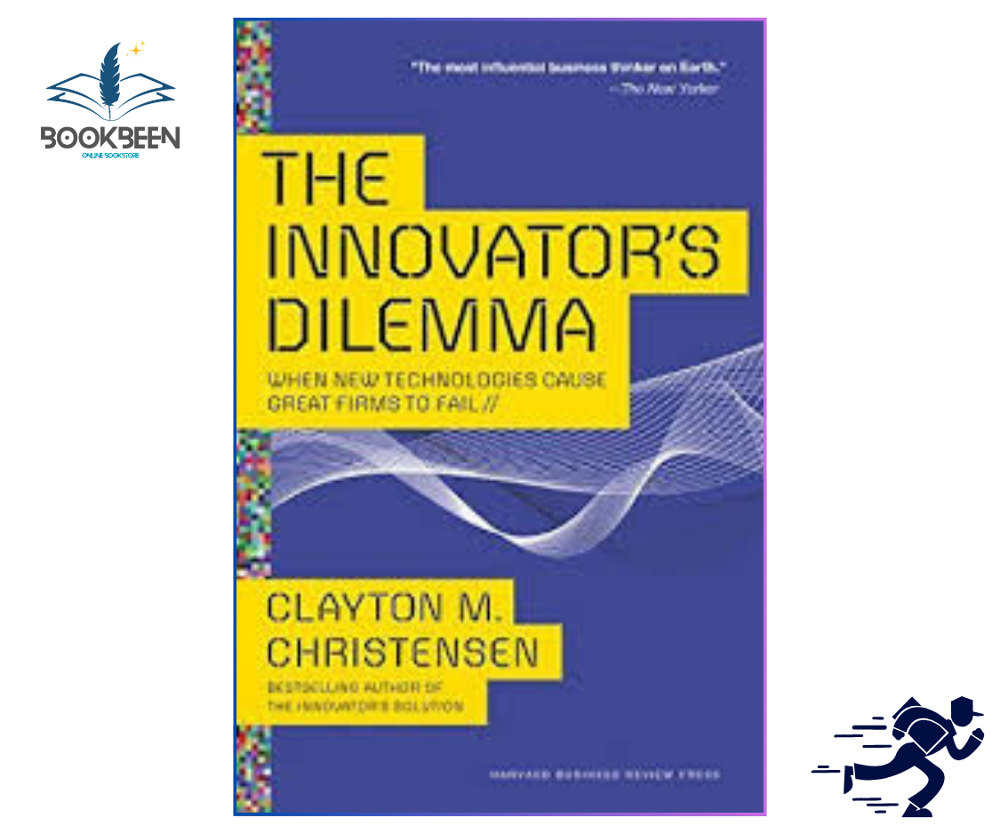 Book cover of 'The Innovator's Dilemma' by Clayton M. Christensen with a blue and yellow design.
