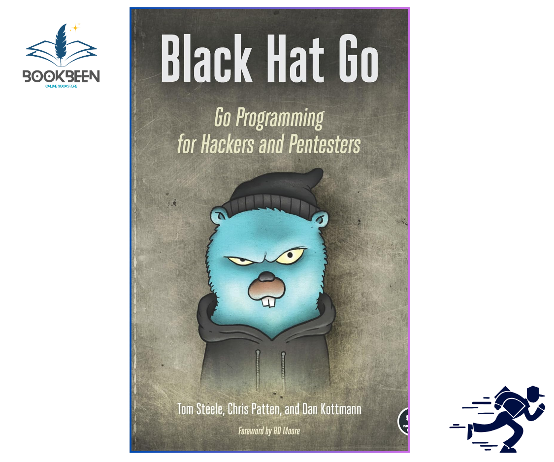 Book cover of 'Black Hat Go' with a cartoon character and text about Go programming for hackers and pentesters.