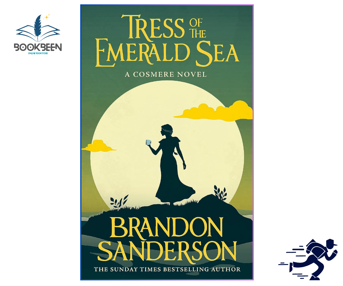 Book cover of 'Tress of the Emerald Sea' by Brandon Sanderson with a silhouette of a woman against a large moon.