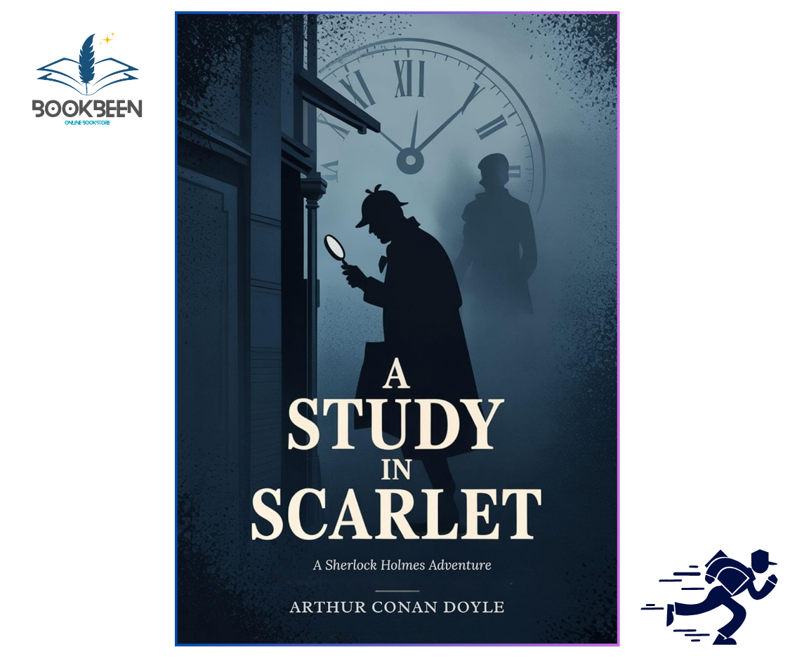 Book cover of 'A Study in Scarlet' featuring a silhouette of a detective and a clock.