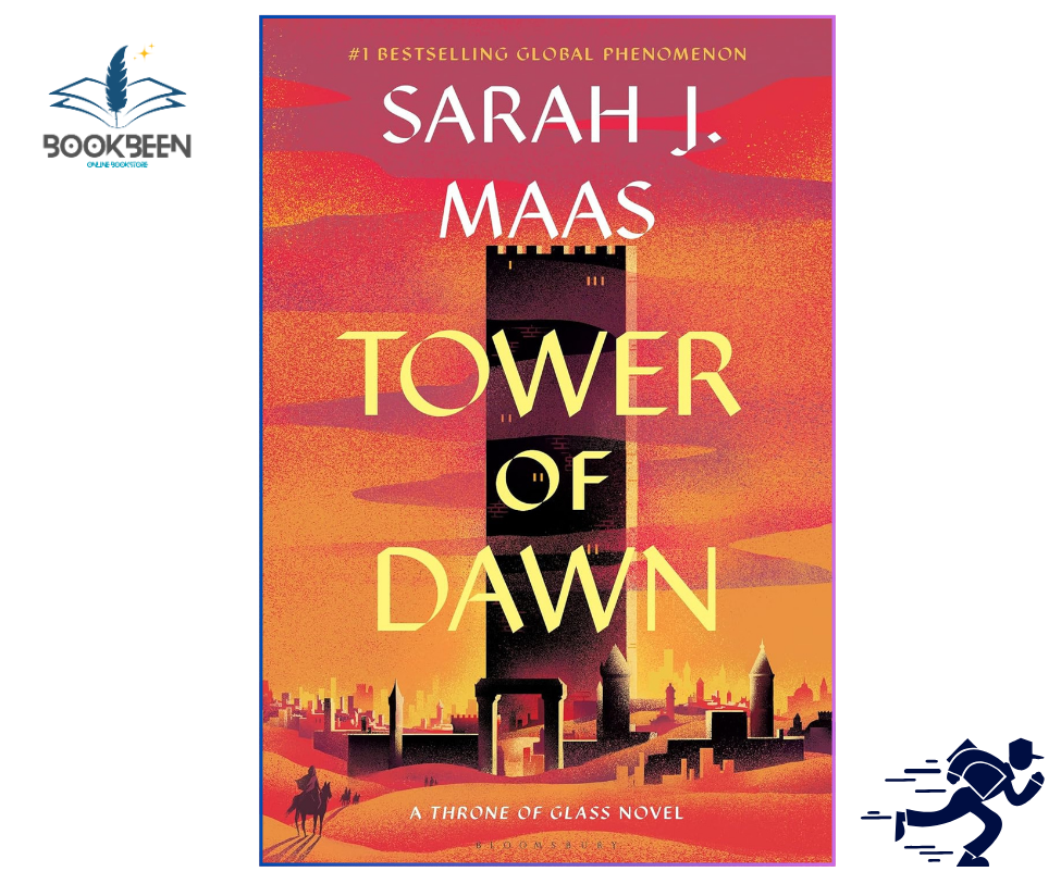 Book cover of 'Tower of Dawn' by Sarah J. Maas with a castle silhouette and sunset design.