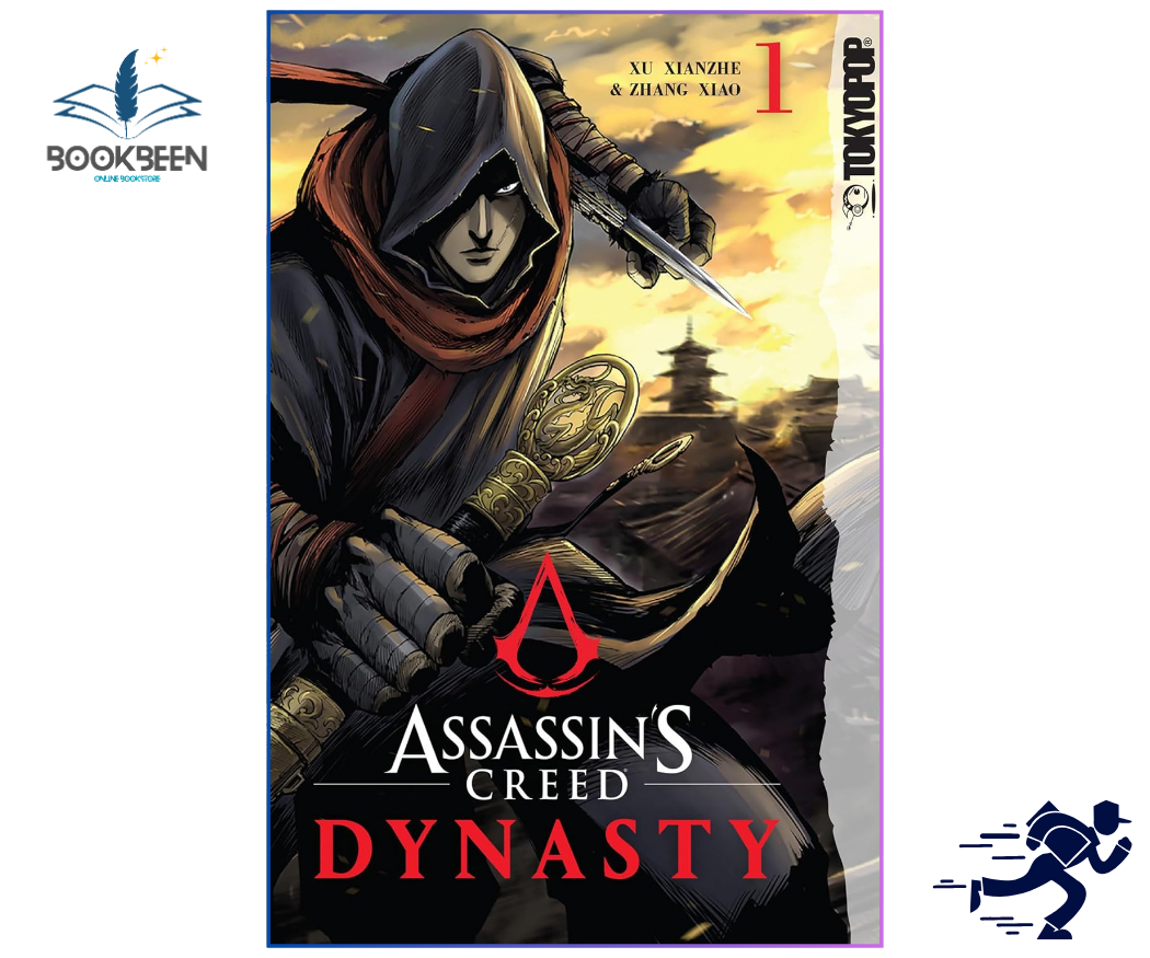 Assassin's Creed Dynasty book cover with character holding a sword against a sunset cityscape.