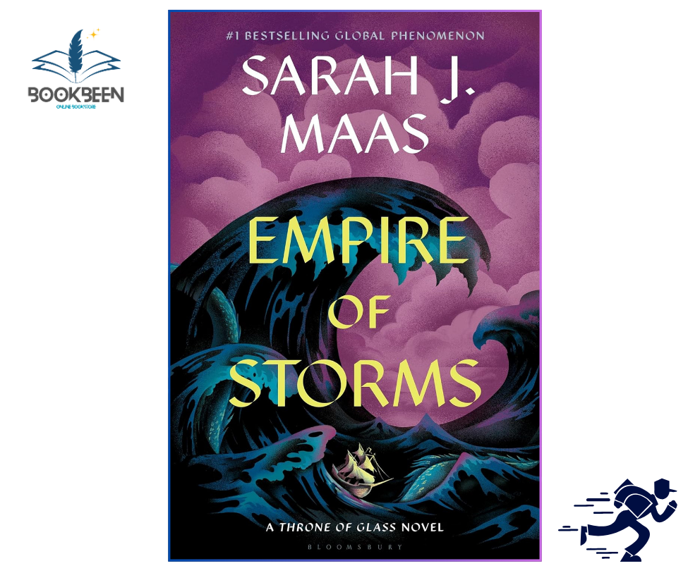 Book cover of 'Empire of Storms' by Sarah J. Maas with purple and blue wave design.