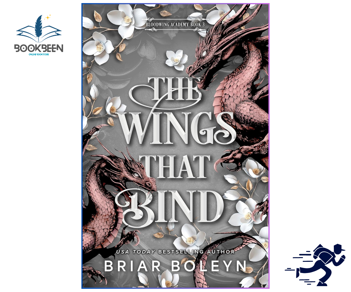 Book cover of 'The Wings That Bind' with dragons and flowers on a gray background