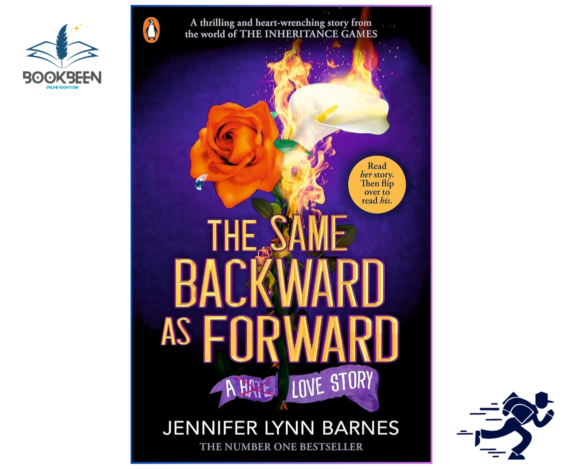 Book cover of 'The Same Backward as Forward' by Jennifer Lynn Barnes with a rose and flame design on a purple background.