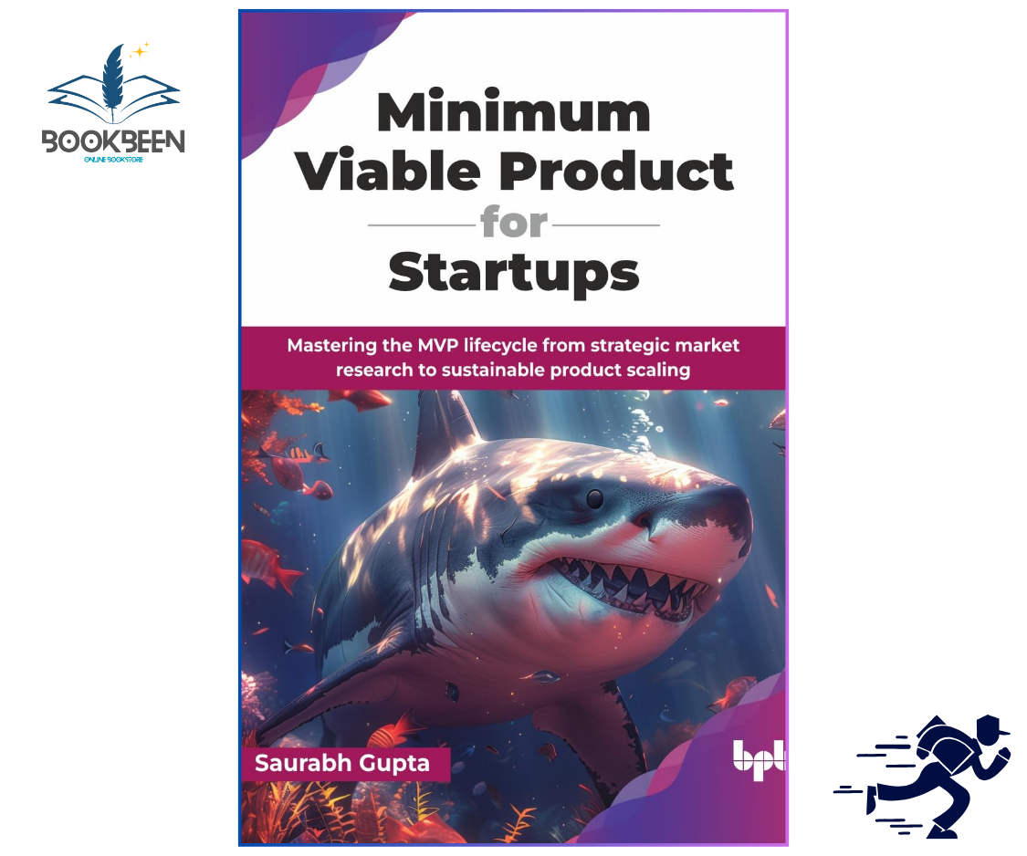 Book cover of 'Minimum Viable Product for Startups' with a shark illustration on a purple and white background.
