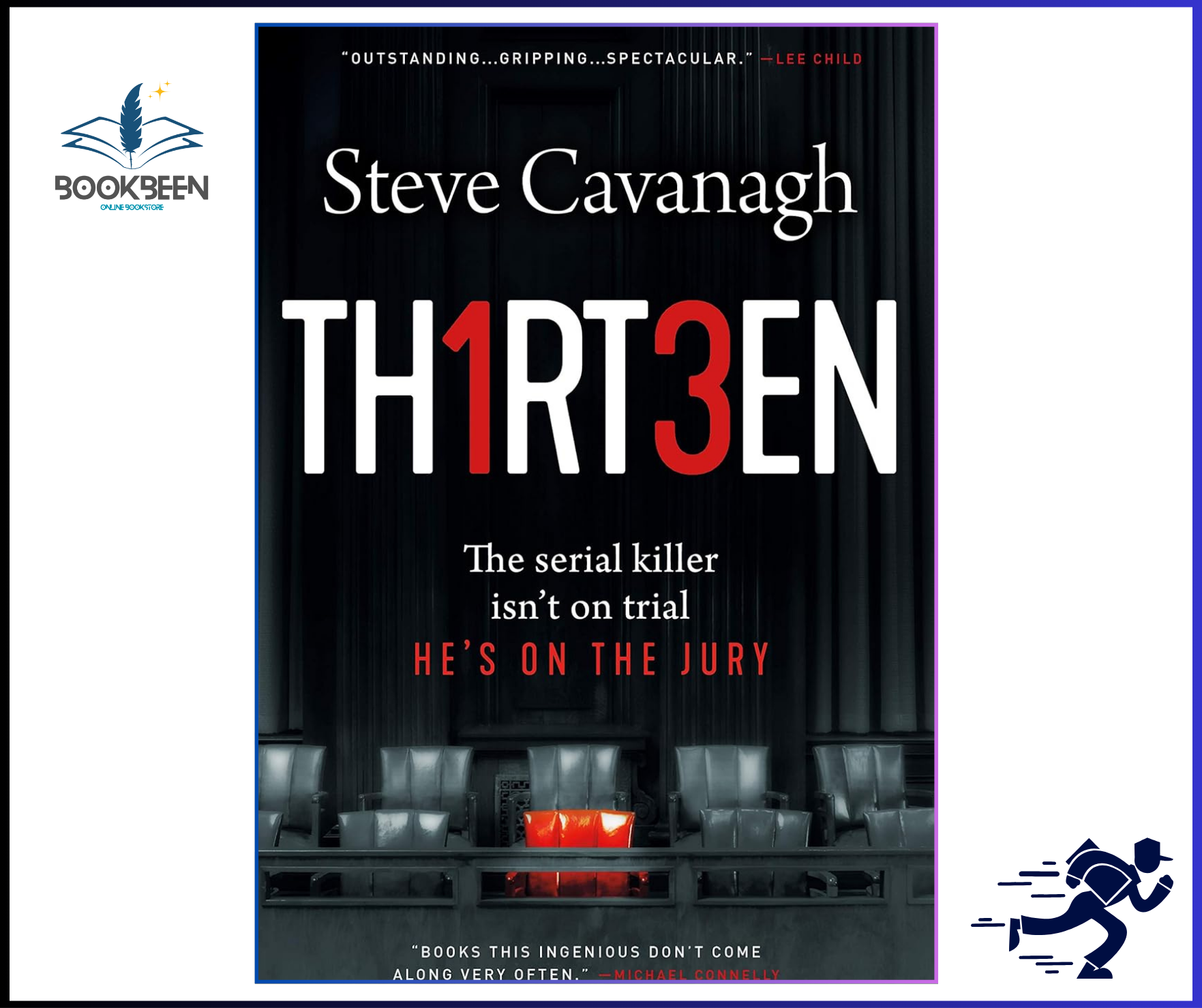 Book cover of 'TH1RT3EN' by Steve Cavanagh with a dark courtroom background.