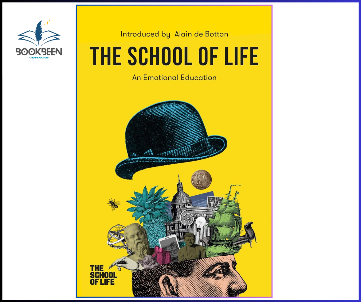 Book cover of 'The School of Life' with a yellow background and various elements on a head.