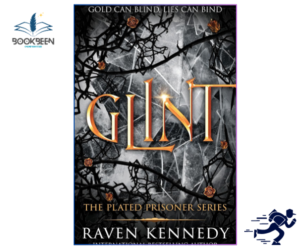 Book cover of 'Glint' by Raven Kennedy with dark branches and orange text on a gray background.