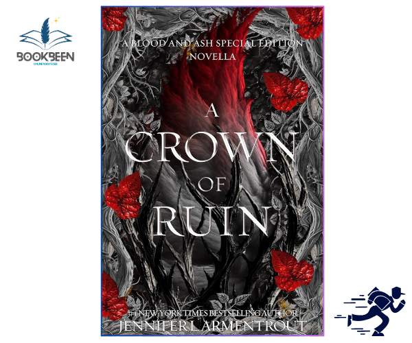 Book cover of 'A Crown of Ruin' with dark design and red flowers, featuring the Bookbeen logo.