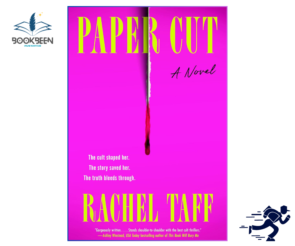 Book cover of 'Paper Cut' by Rachel Taff with a pink background and yellow text.