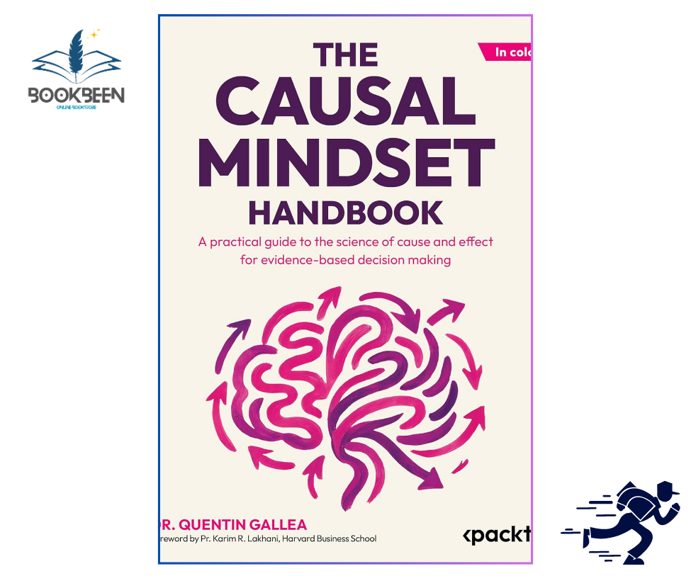 Book cover of 'The Causal Mindset Handbook' with a brain diagram and branding elements.