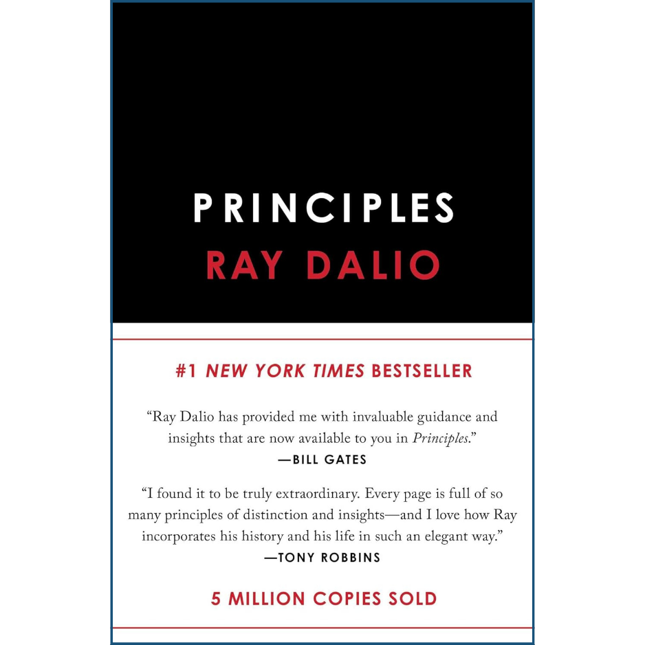 Book cover of 'Principles' by Ray Dalio with a black background and white text.