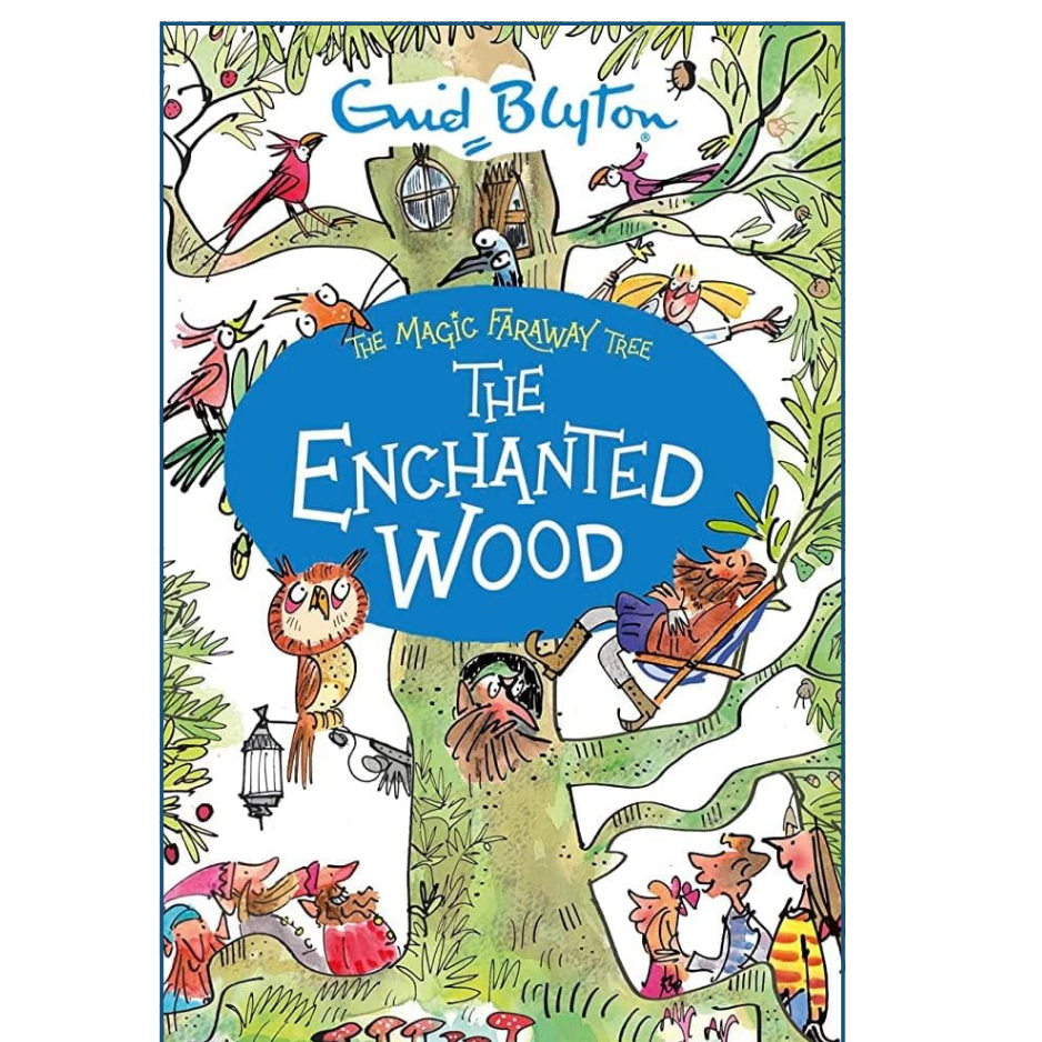 Book cover of 'The Enchanted Wood' by Enid Blyton with colorful illustrations of a tree and characters.