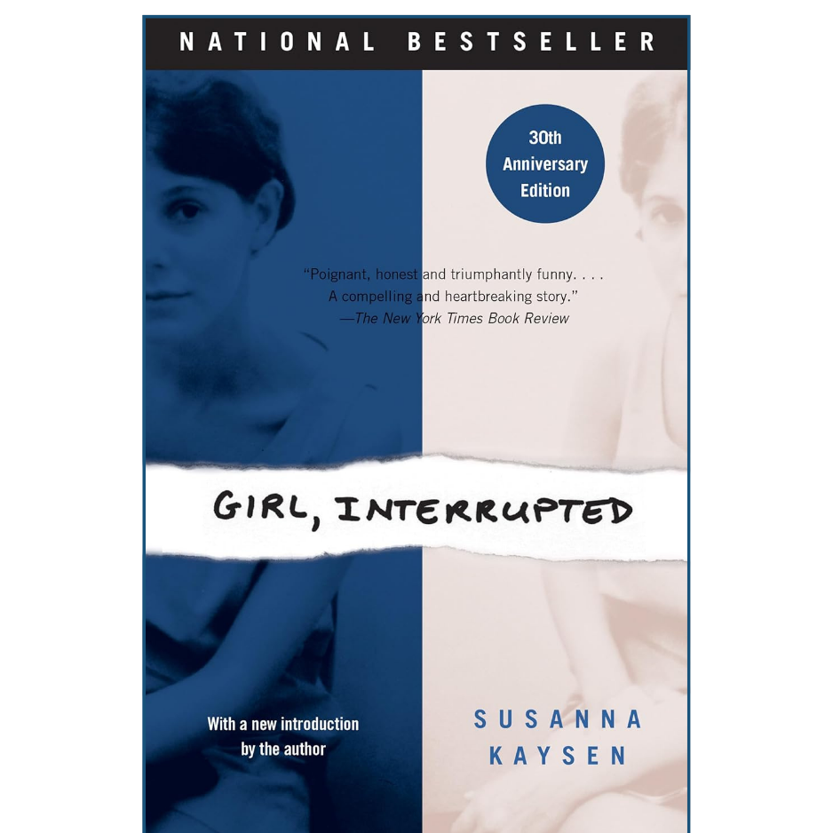Book cover of 'Girl, Interrupted' with a blue and white color scheme and text about the book's acclaim.