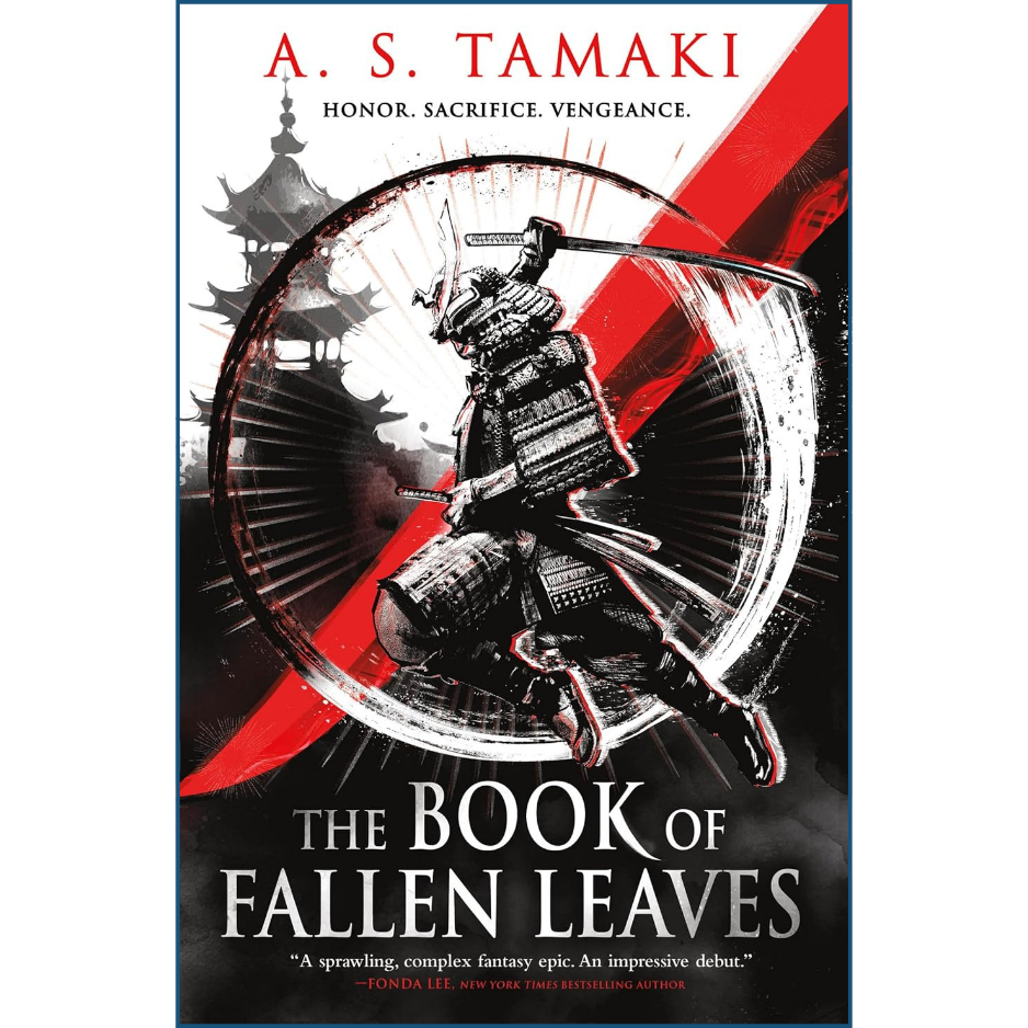 Book cover of 'The Book of Fallen Leaves' by A. S. Tamaki with a samurai design and red accents.