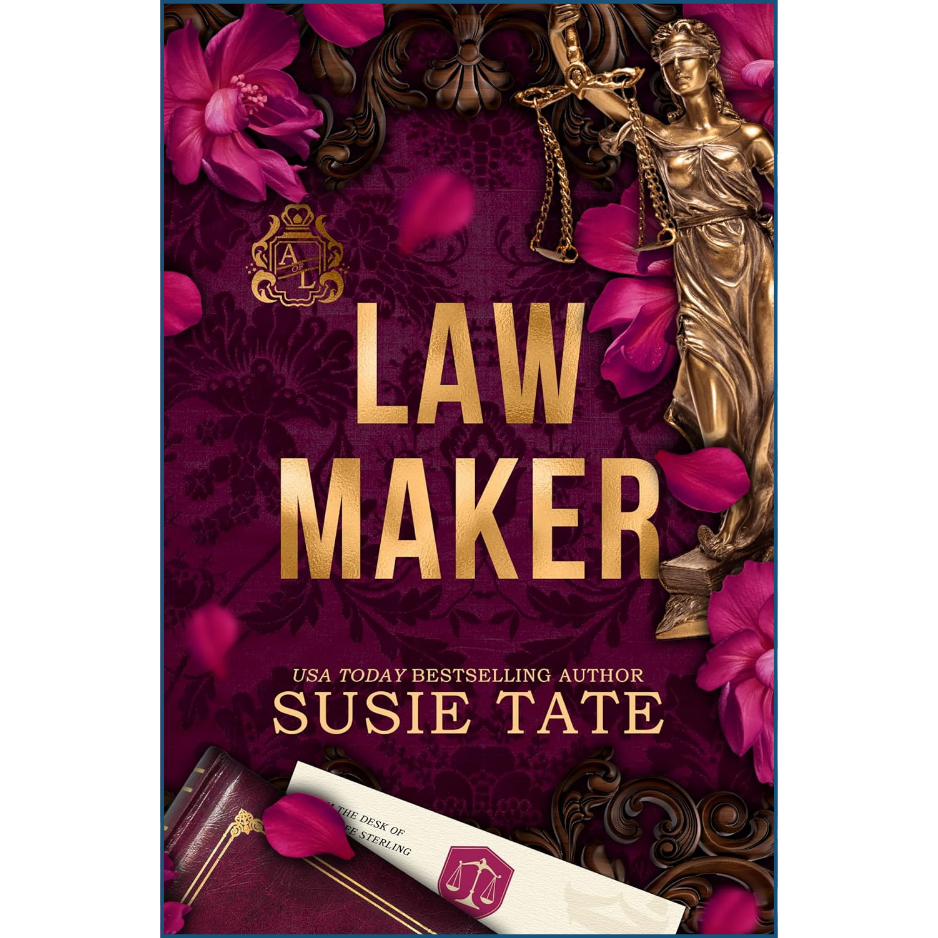 Book cover of 'Law Maker' by Susie Tate with a statue and flowers on a purple background