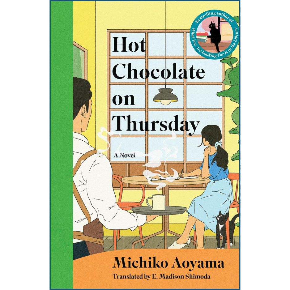 Book cover of 'Hot Chocolate on Thursday' by Michiko Aoyama with illustration of a man and woman at a cafe.