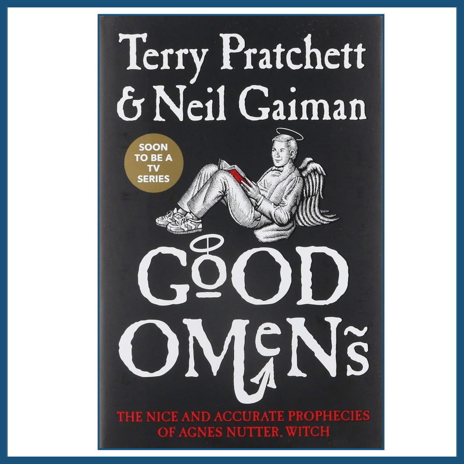 good omens book cover, terry pratchett novel, fantasy comedy book, humorous fiction cover, paperback book cover
