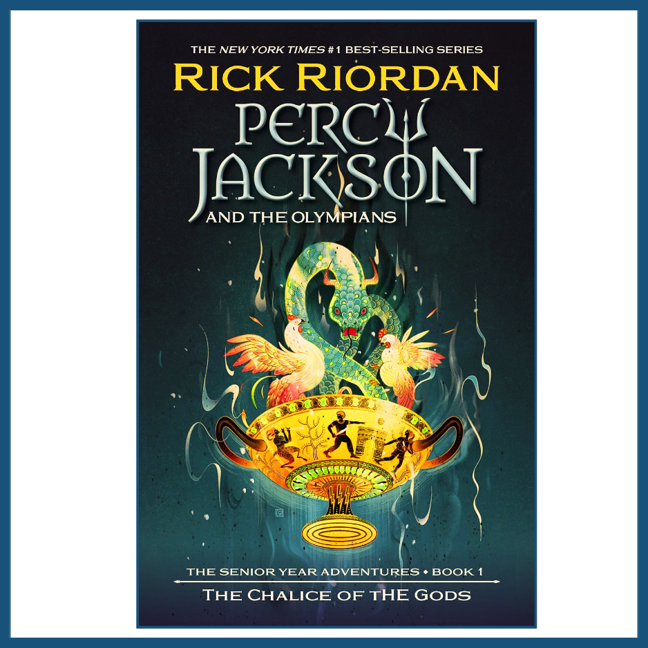 Book cover of 'Percy Jackson and the Olympians' series by Rick Riordan on a dark background