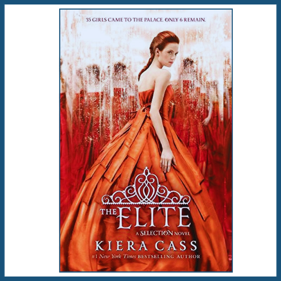 the elite kiera cass book cover, selection series novel, ya romance book, dystopian love story, young adult book cover