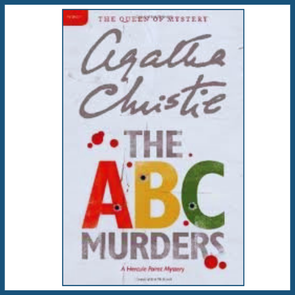 Book cover of 'The ABC Murders' by Agatha Christie with colorful text on a light blue background.