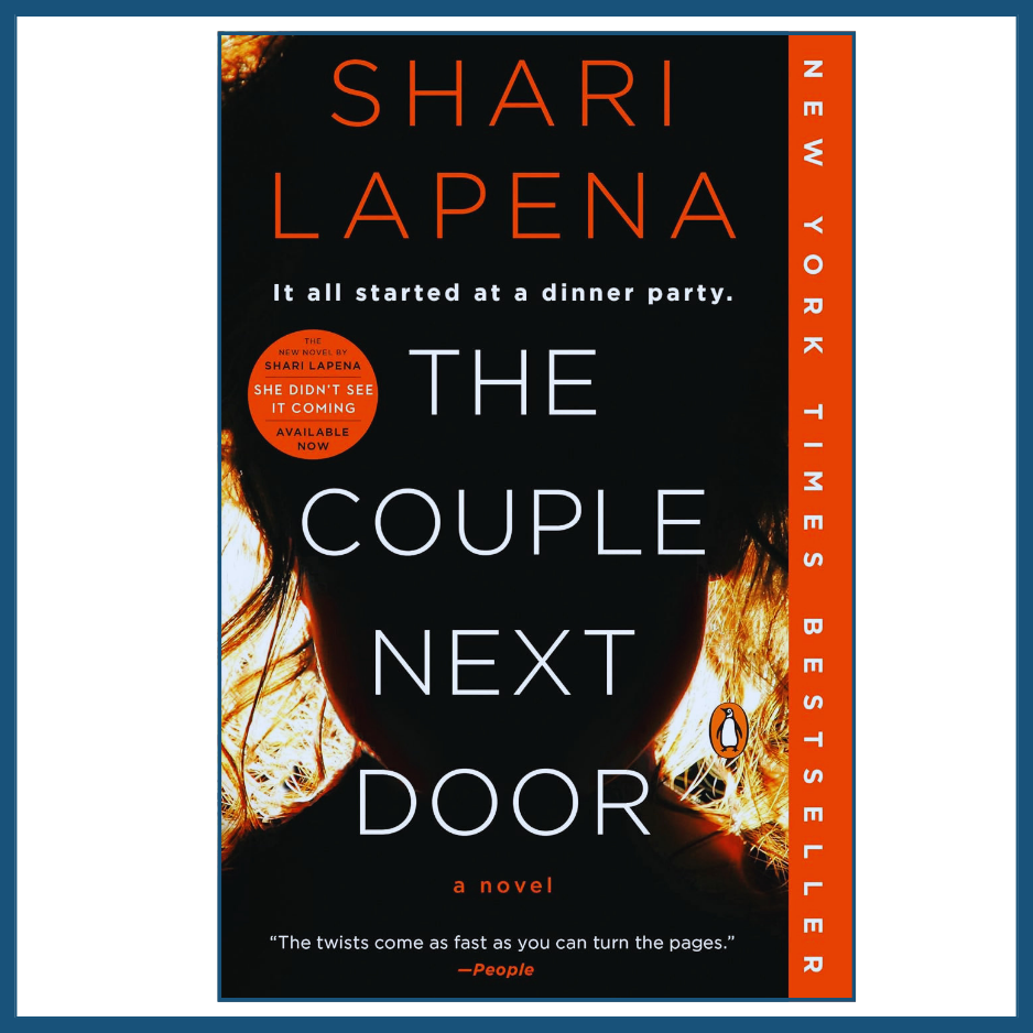 Book cover of 'The Couple Next Door' by Shari Lapena with a silhouette and fiery design.