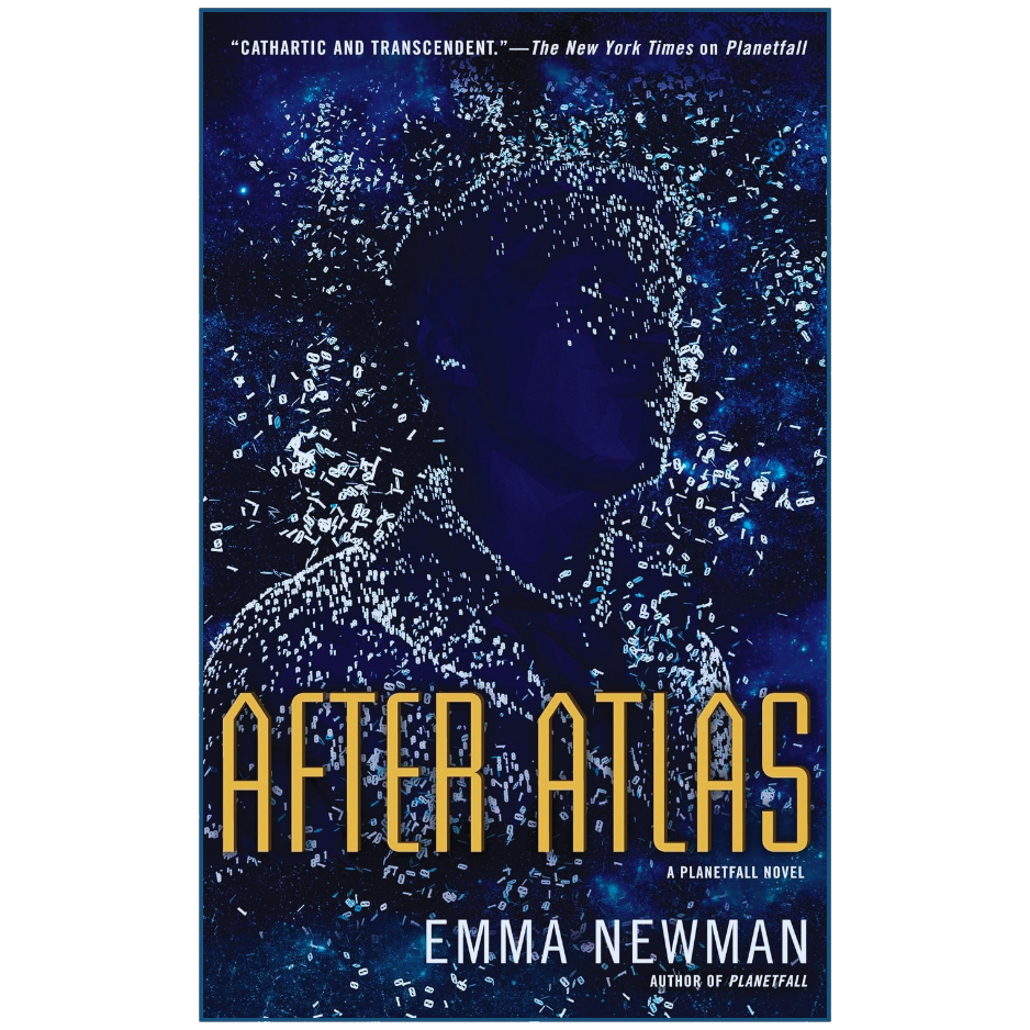 Book cover of 'After Atlas' by Emma Newman with a silhouette and celestial design.